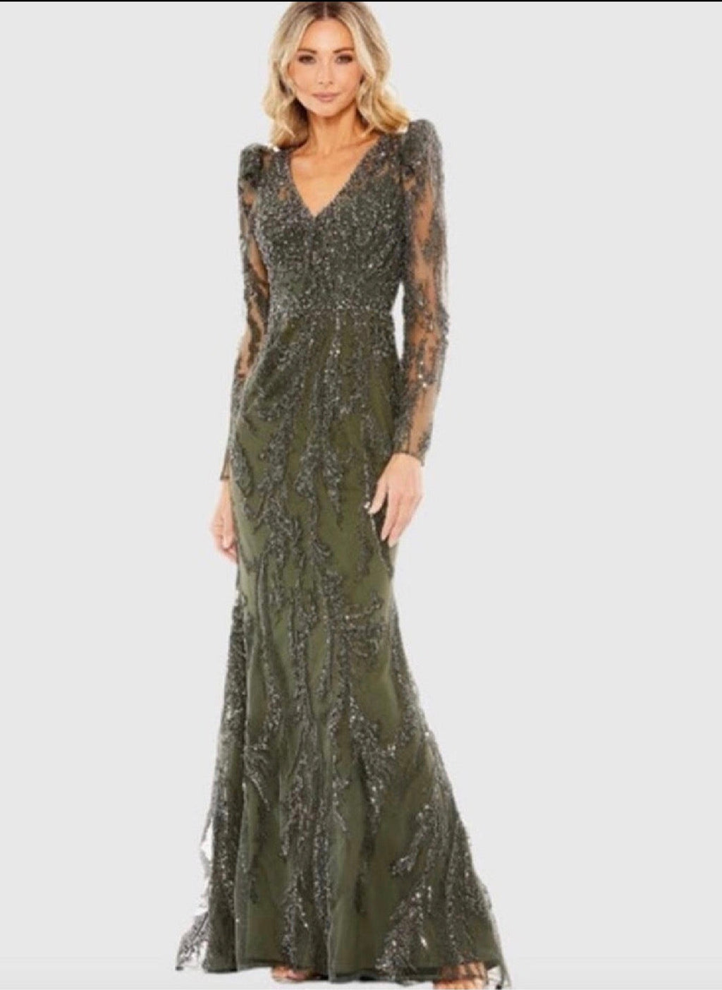 Mac Duggal 20349 Olive Green Beaded V-Neck Gown Long Sleeve Formal Sz 10
