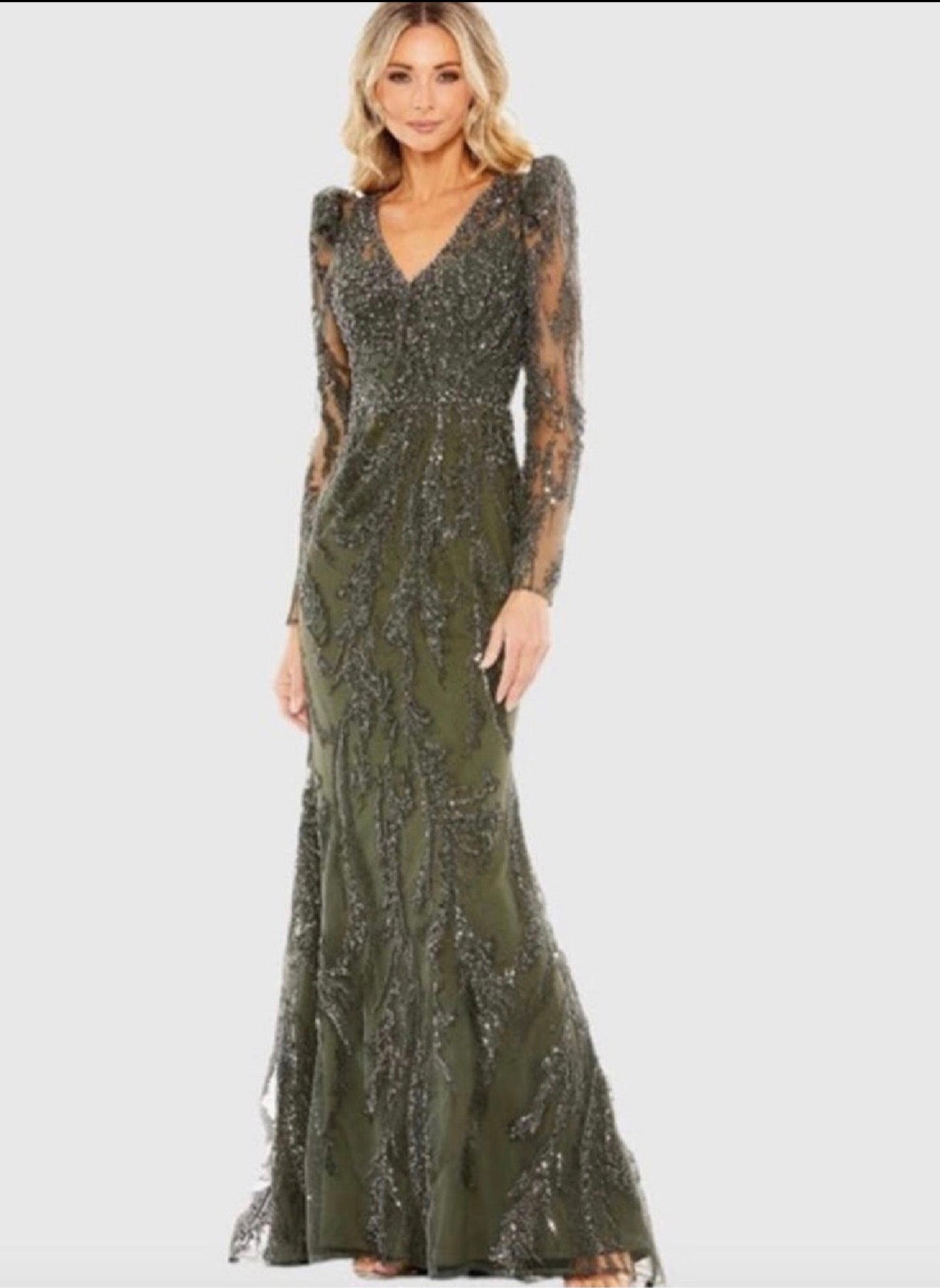 Mac Duggal 20349 Olive Green Beaded V-Neck Gown Long Sleeve Formal Sz 10