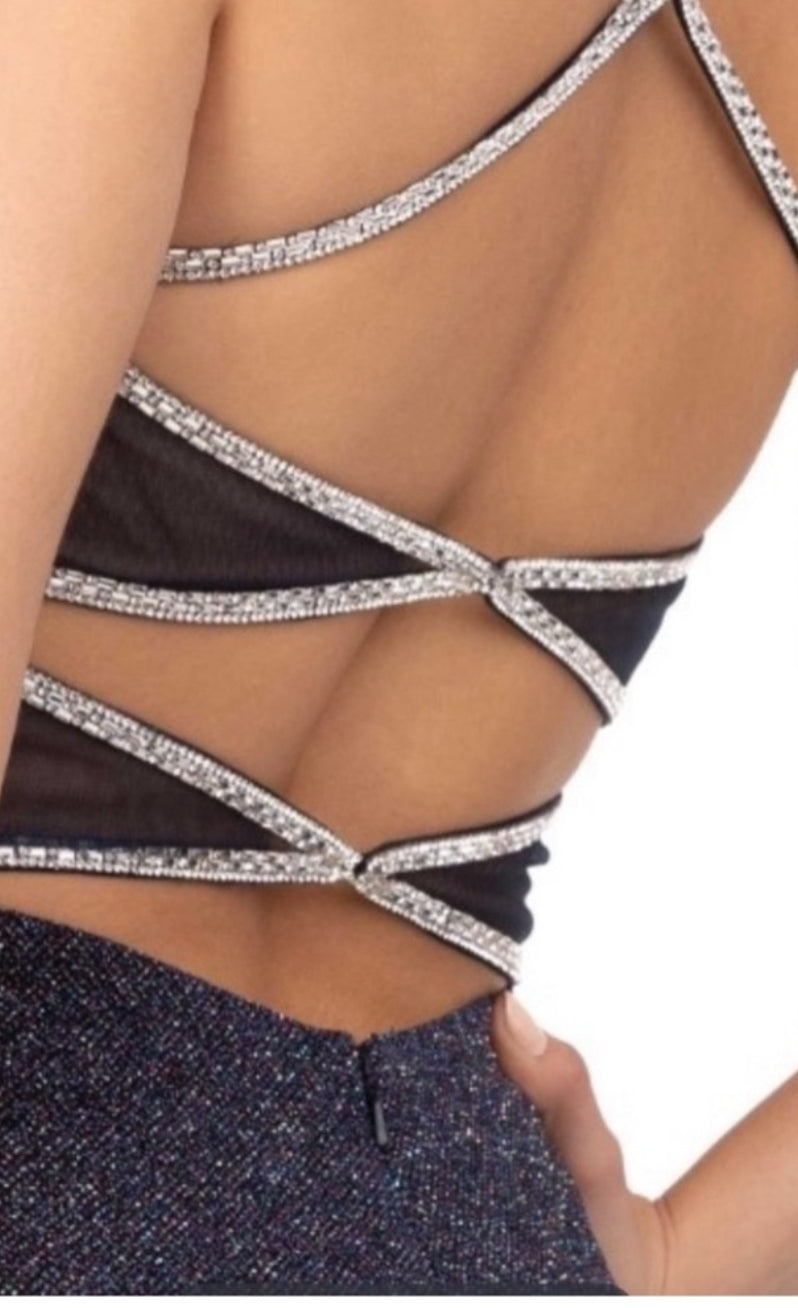 ABBY PARIS 94101 Black Sparkle
Dress Open Back Sz 2 $160