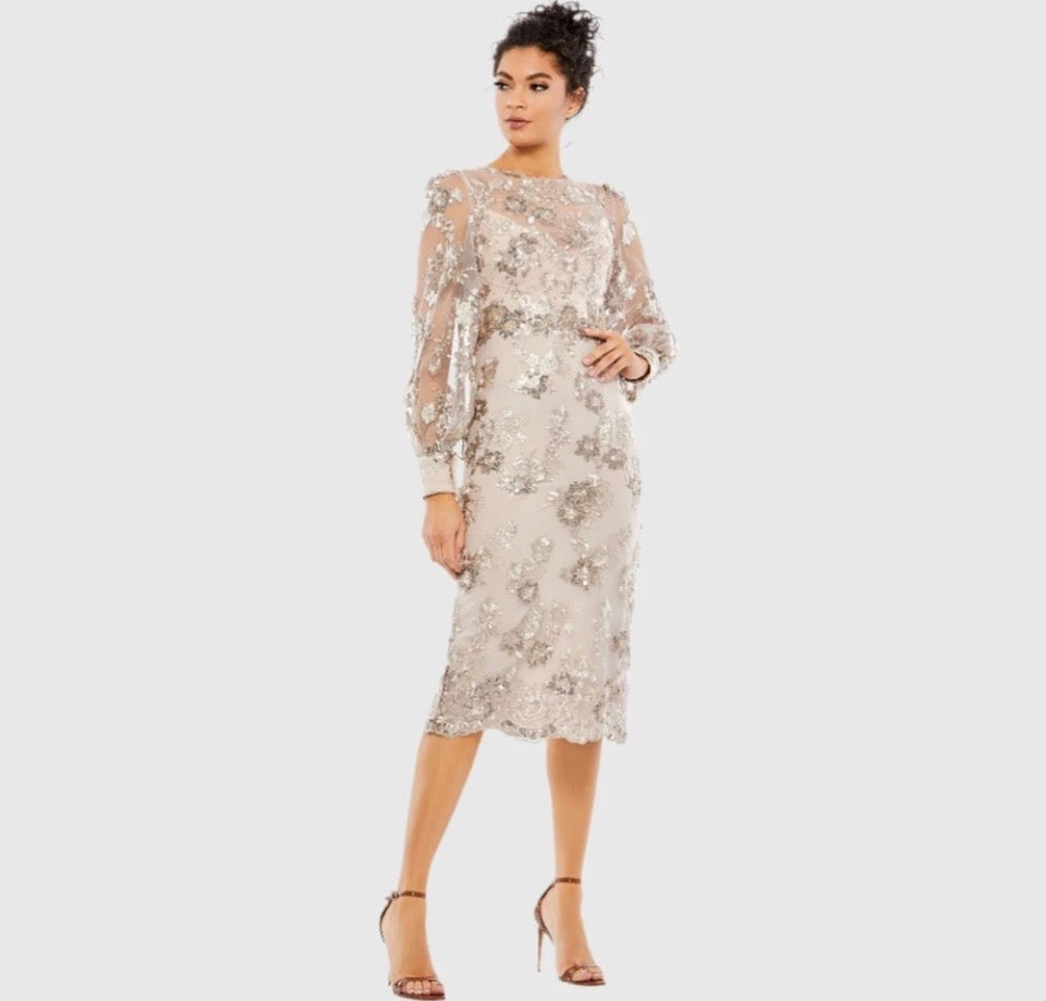 MAC DUGGAL 67862 
Embellished High Neck Illusion
Long Sleeve Midi Dress $338 Mocha