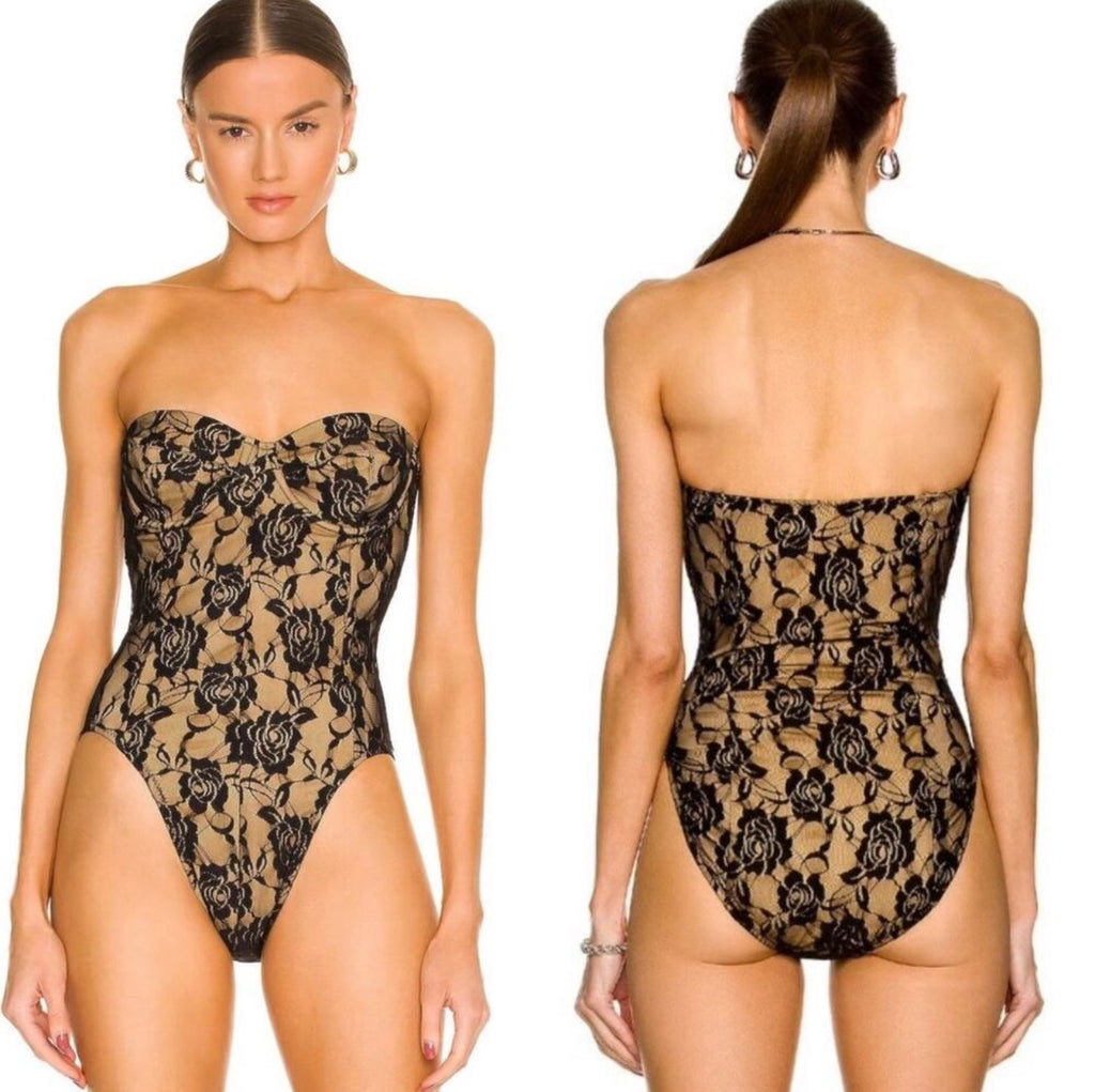 Norma Kamali Mio Corset Strapless One-Piece Swimsuit Black Rose Nude XS NWT $295