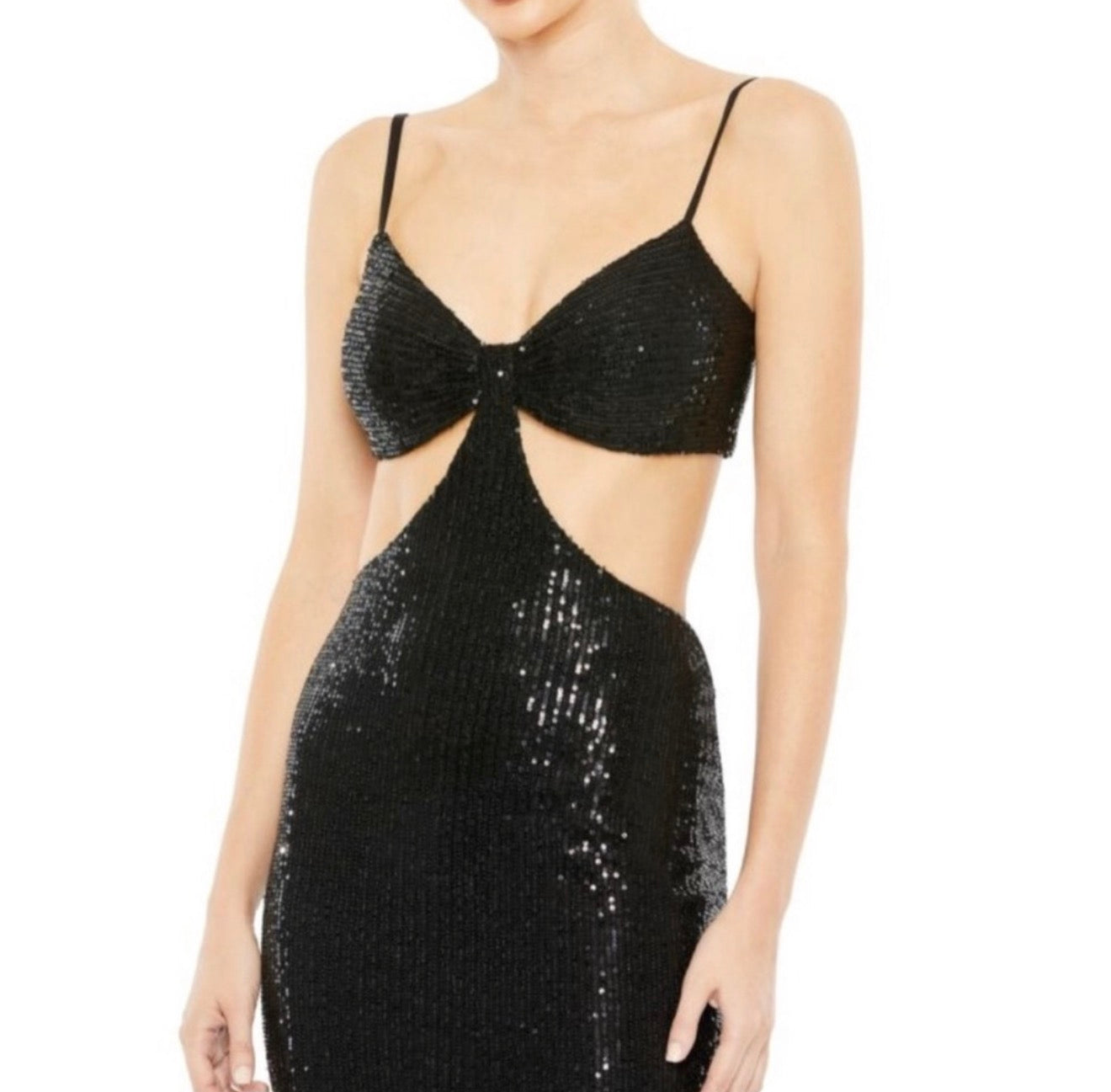 leena for Mac Duggal 70130 Cutout Waist Sequin Midi Dress Black Sz 2 $398