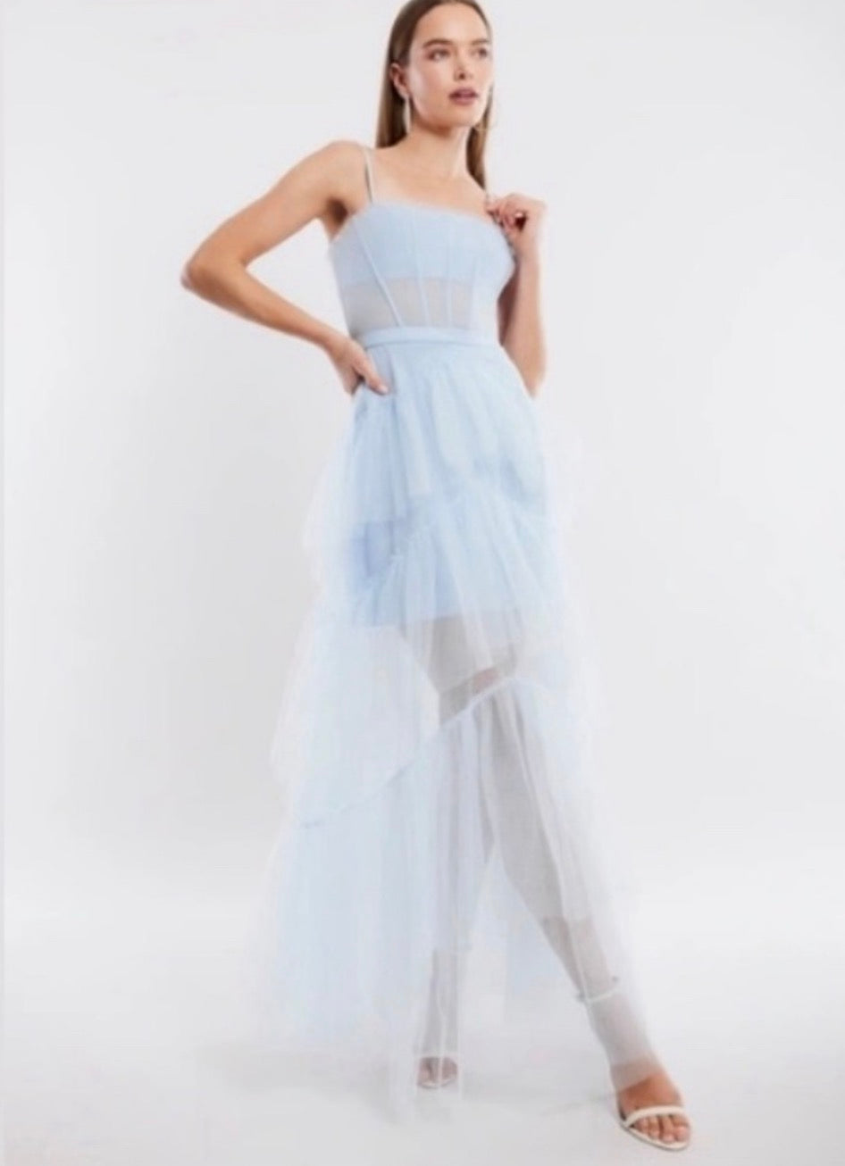 BCBGMAXAZRIA Sheer Tiered Ruffle Gown in Kentucky Blue Sz 6 $498