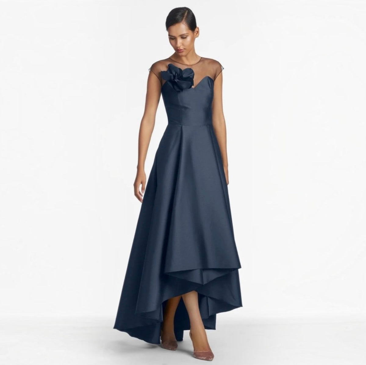 Sachin & Babi Blakely Gown Navy Hi-Lo Floral Detail Sz 14