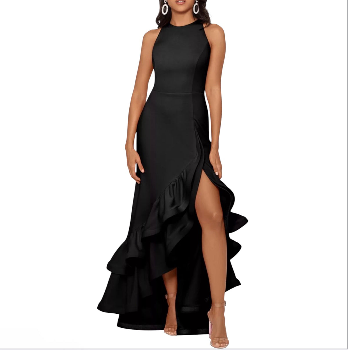 BETSY & ADAM Arielle Scuba Crepe Ruffle Slit Gown Black Size 4P
