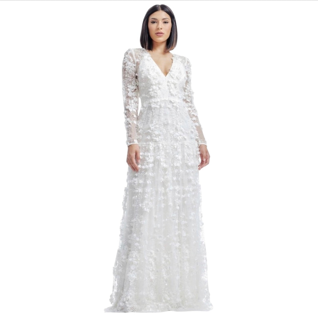 Dress the Population Angelina White 3D Floral Pearl Gown XS