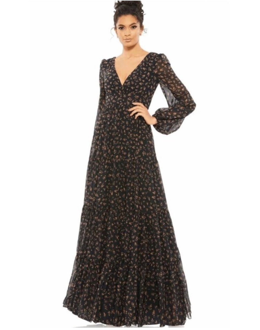 leena Mac Duggal 55431 Floral Ruffles Tiered Long Sleeve Maxi
Dress Sz 0 $398 Black Multi