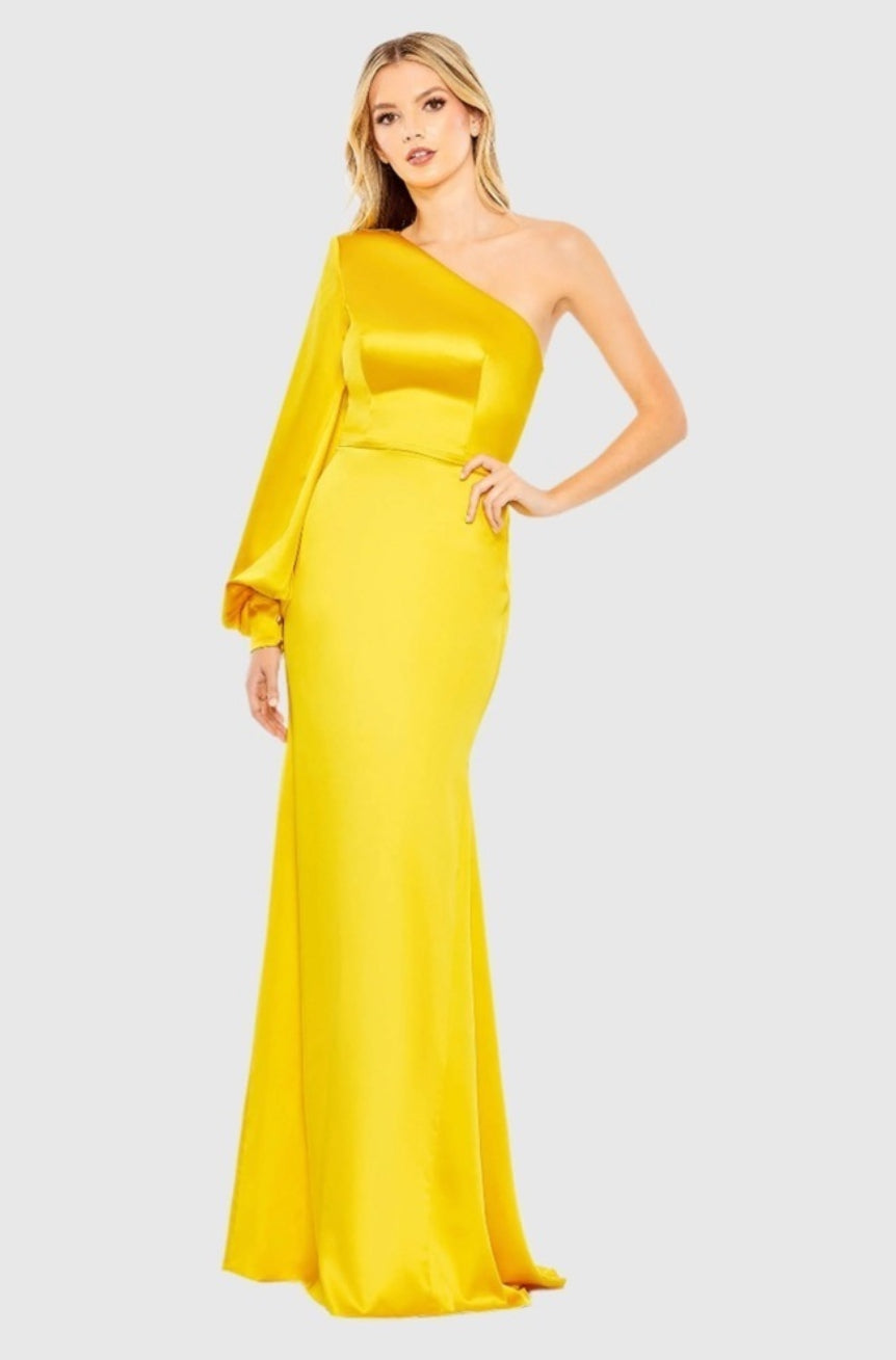 IEENA FOR MAC DUGGAL 26712 Yellow One Shoulder Bishop Sleeve Trumpet Gown Sz 2 $398
