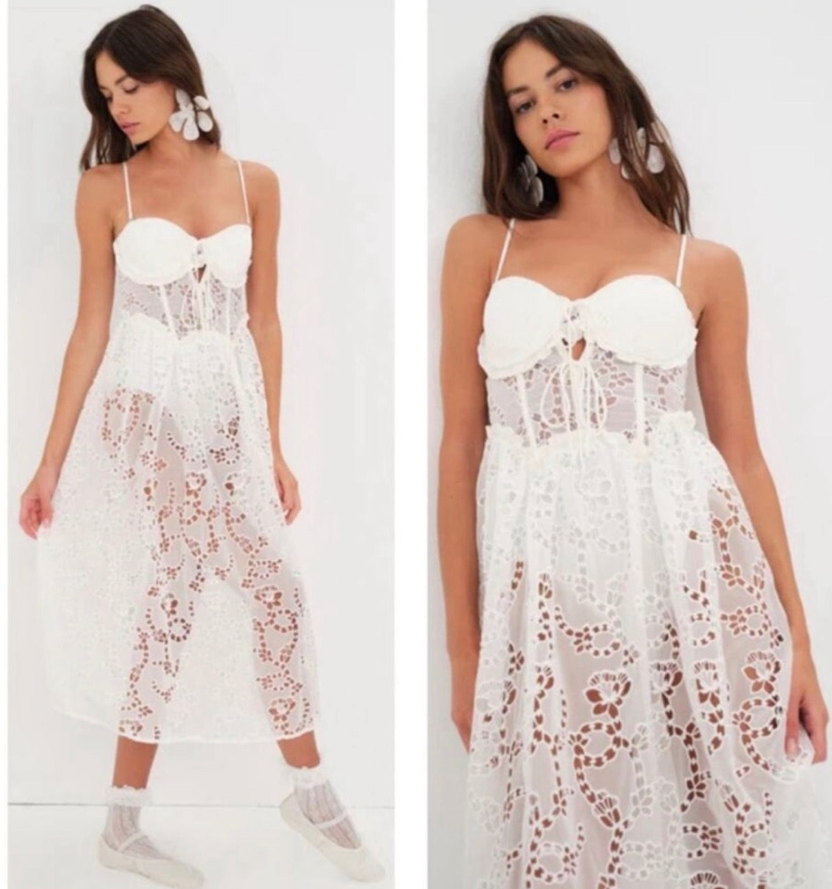 For Love & Lemons Romi Midi Dress in White Sz XS $329