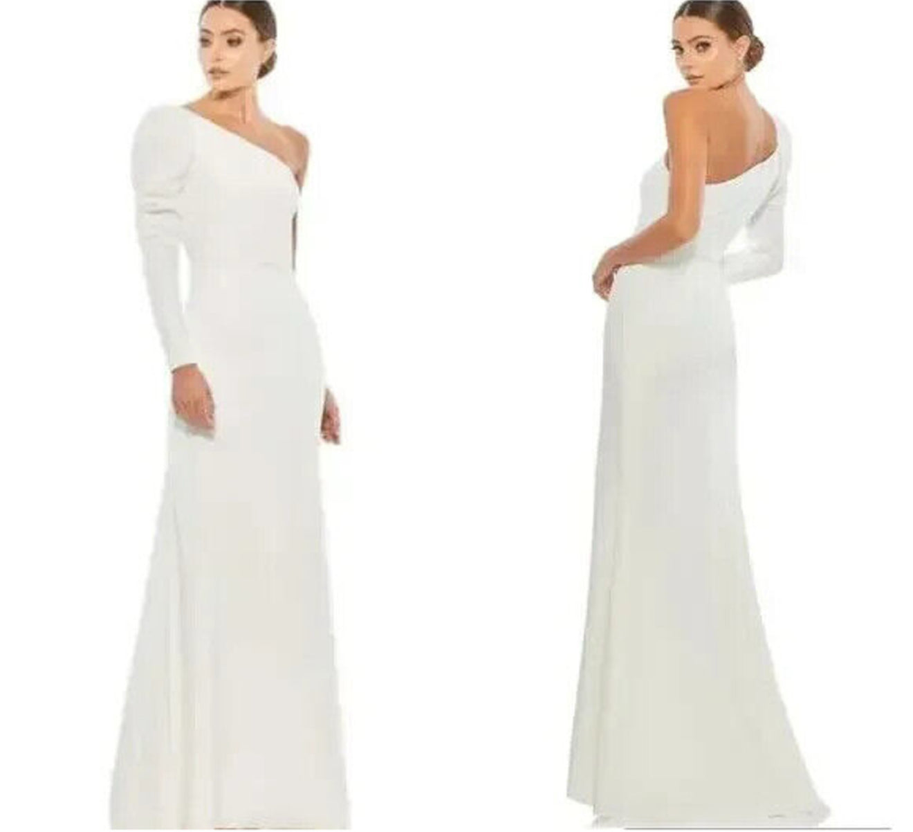 Mac Duggal
One-Shoulder Gown with Dramatic Puff Sleeve and
Thigh-High Slit 26592 $398