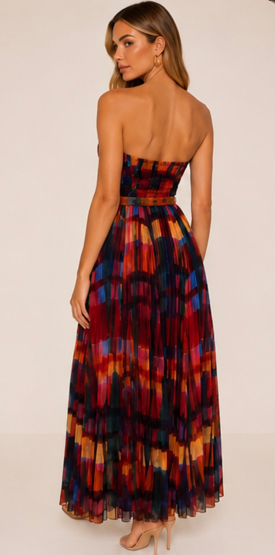 Hutch Strapless Pleated Printed Midi Dress Belted Size 2