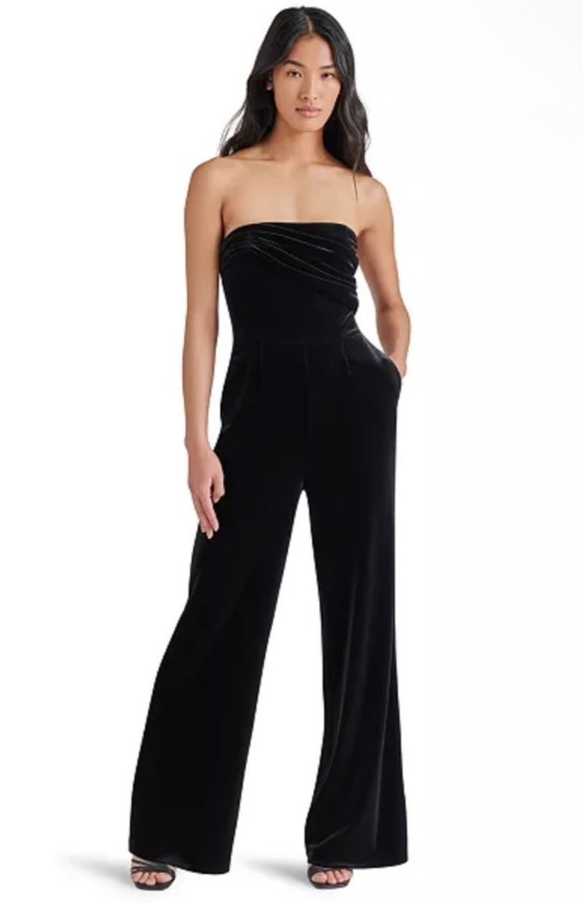 Steve Madden Swanilda Black Velvet Strapless Wide Leg Jumpsuit Sz Small $129