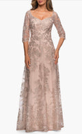La Femme 28053 Floral Embroidered Mesh A-Line Gown in Champagne Sz 16