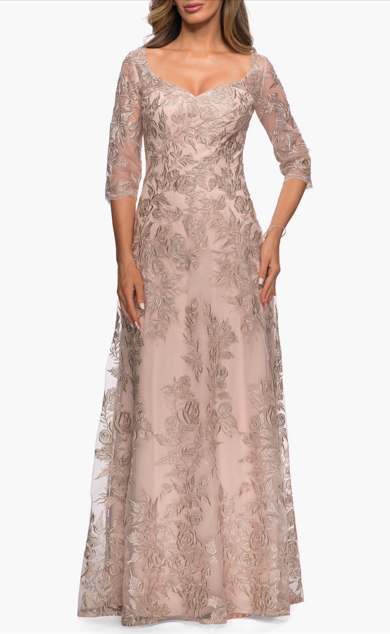 La Femme 28053 Floral Embroidered Mesh A-Line Gown in Champagne Sz 16