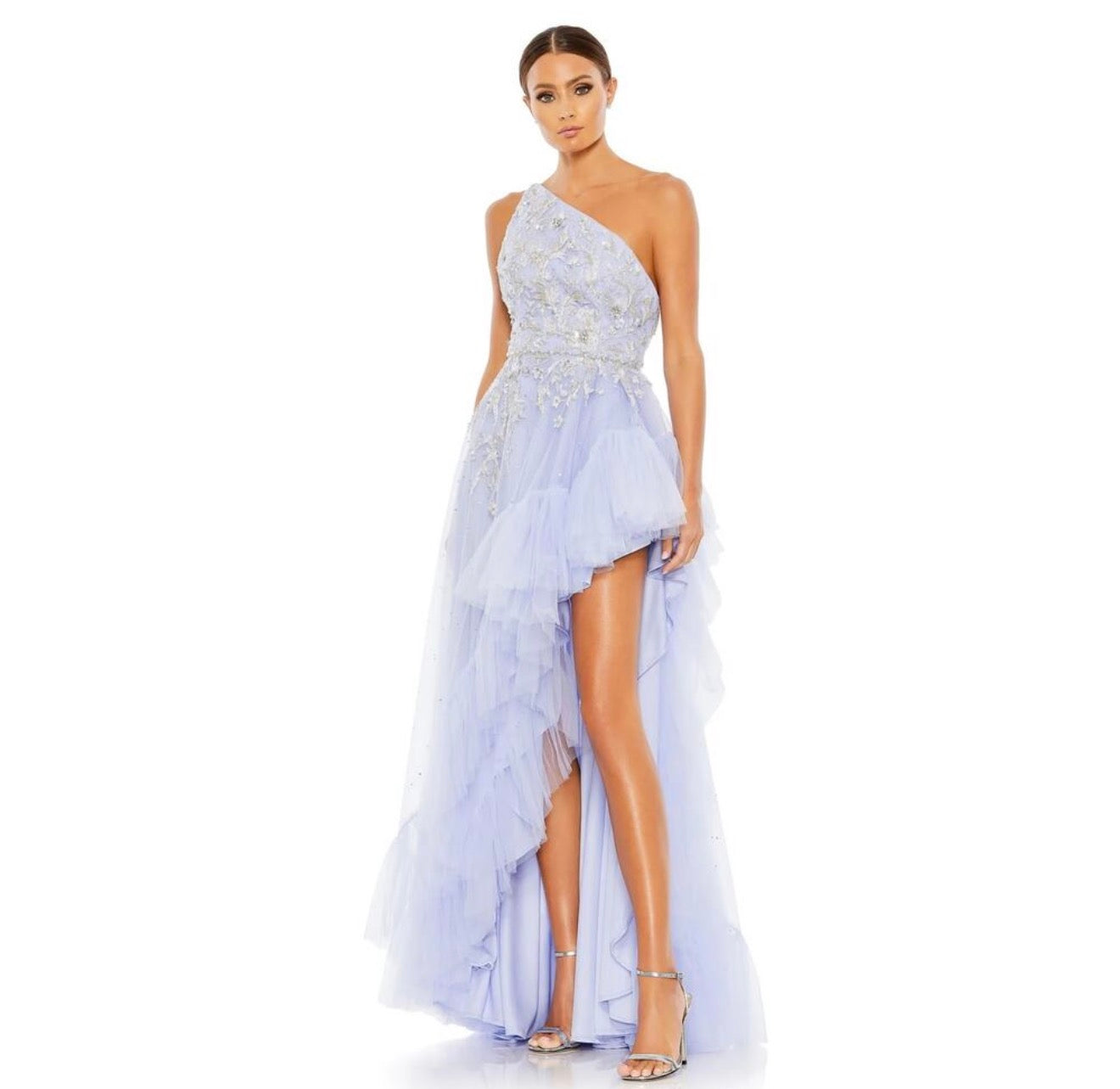 Mac Duggal 11265 Periwinkle One Shoulder Embellished Hi Low Gown Size 8  $798