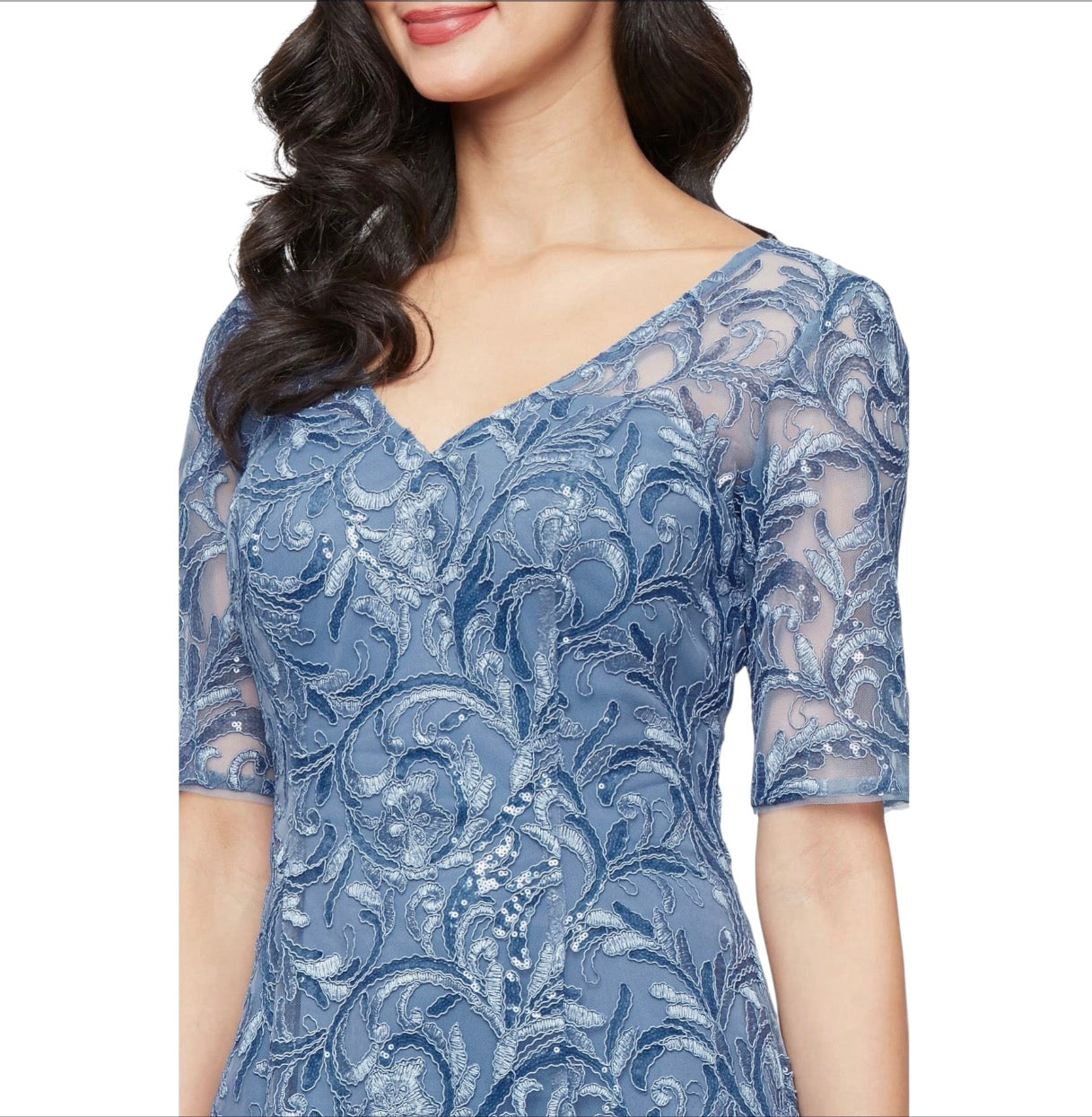 Alex Evenings Embroidered Tulle Sequin Midi Cocktail Dress Blue Size 10