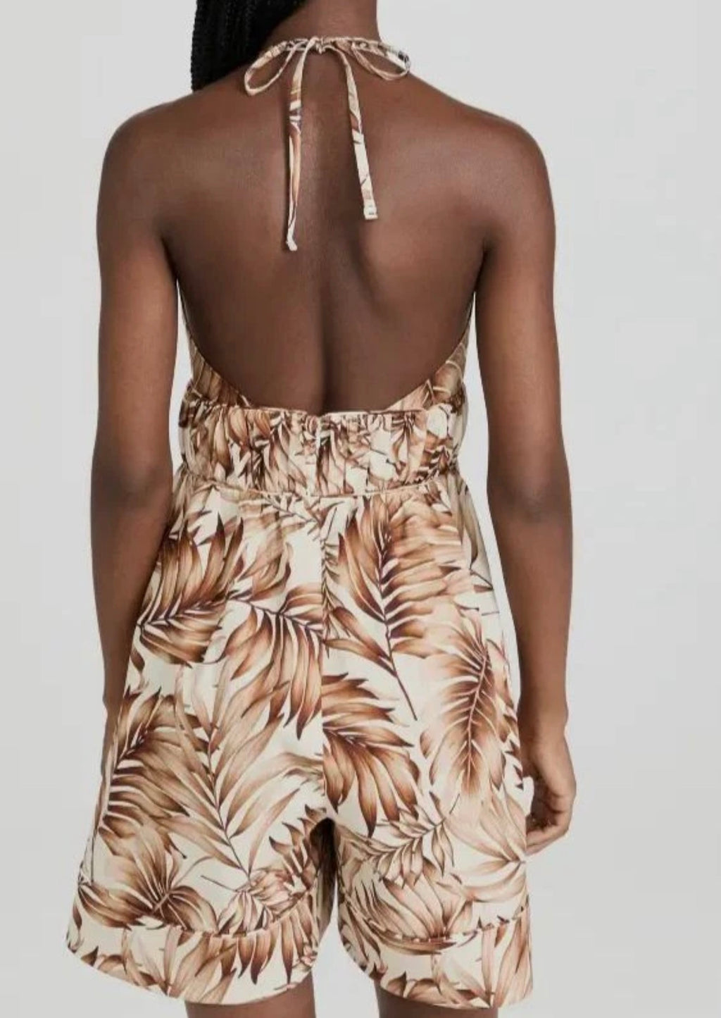 Autumn Adeigbo Karina Palm Print Halter Romper Size 2 Beige Tropical $495