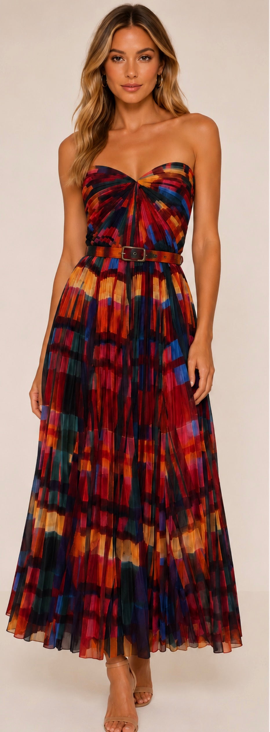 Hutch Strapless Pleated Printed Midi Dress Belted Size 2