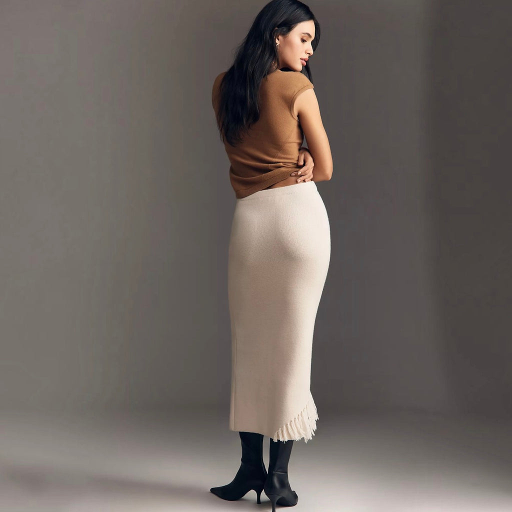 Derek Lam 10 Crosby Hestia Fringed Midi Sweater Skirt in Snow White Sz Medium