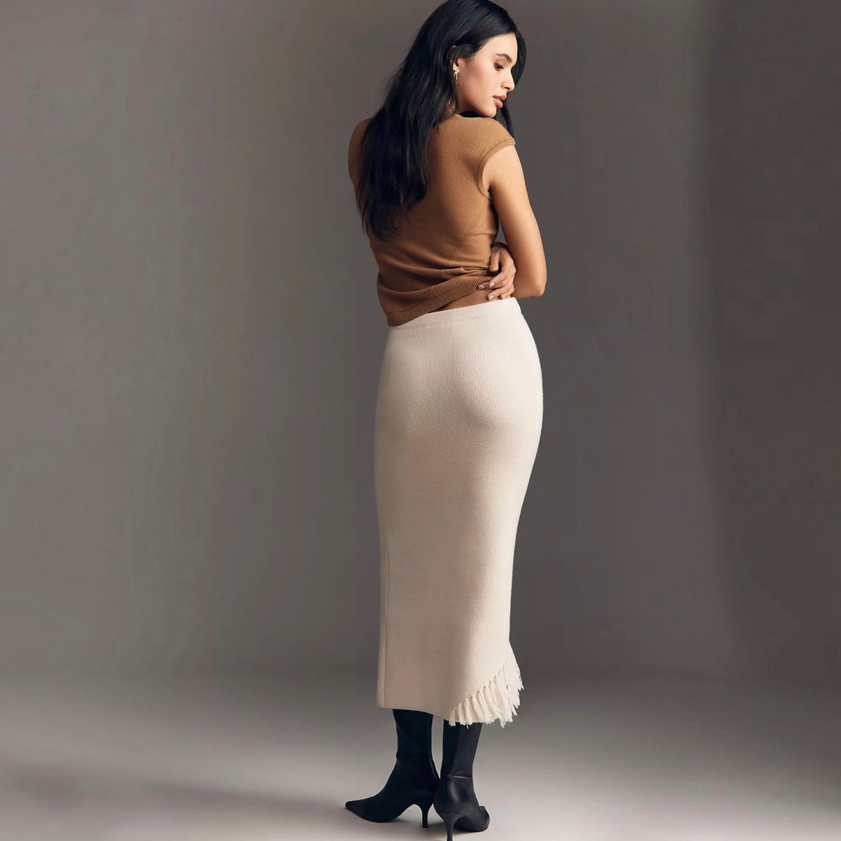 Derek Lam 10 Crosby Hestia Fringed Midi Sweater Skirt in Snow White Sz Medium