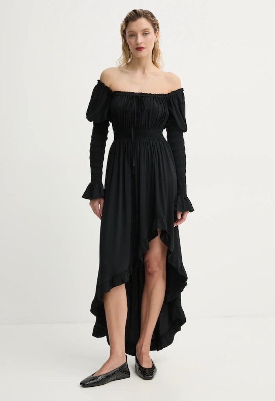 SLEEPER Juliette
Shirred Asymmetric
Dress in Black Medium 
$370