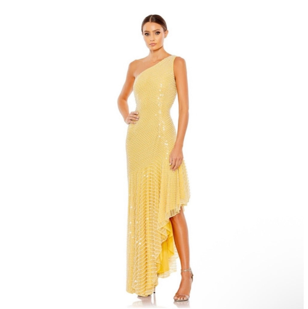 NWT Mac Duggal 93741 One Shoulder Asymmetrical Hem Dress Yellow Pearl Sz 14 $598