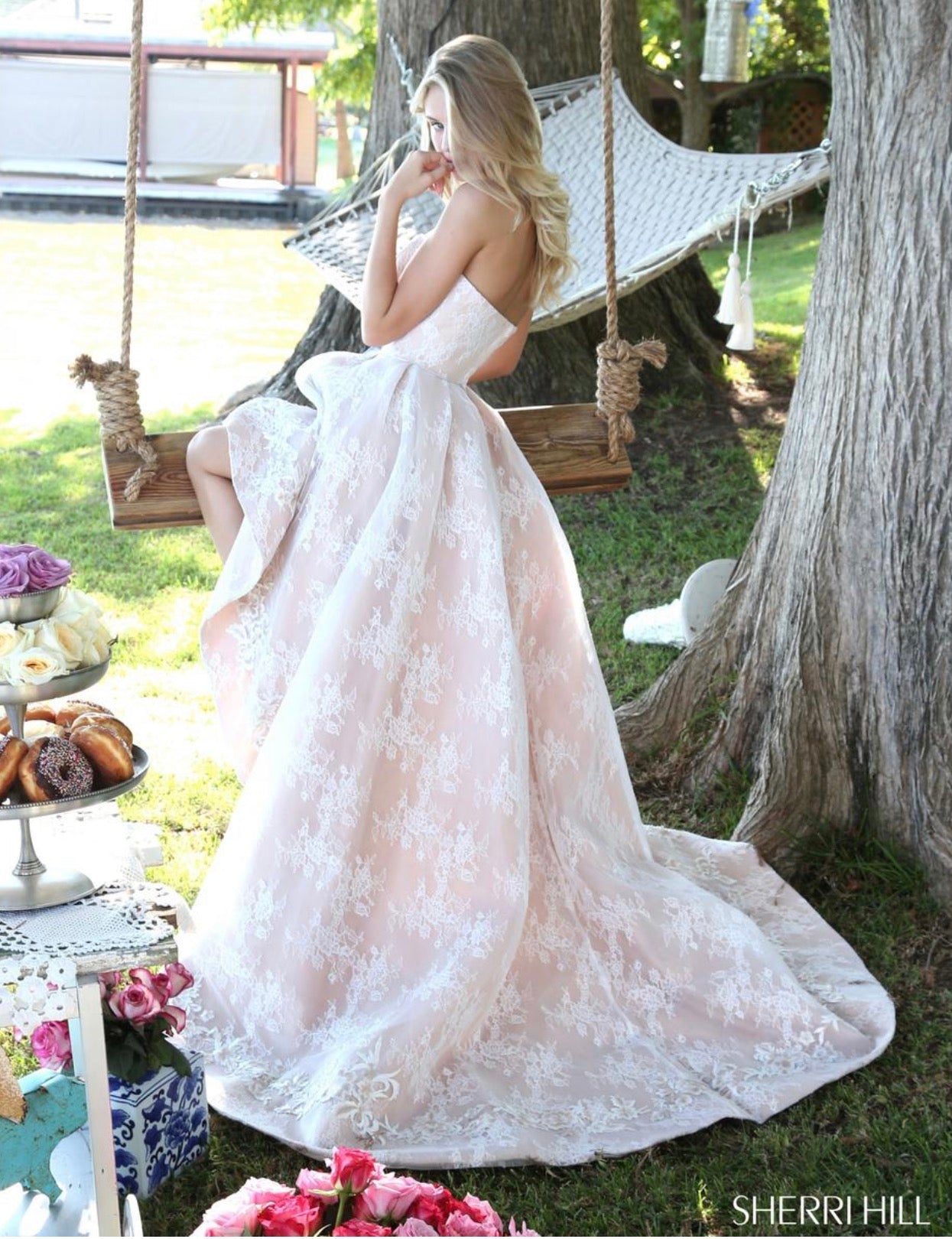 Sherri Hill 51252 Ivory Lace Floral Embroidered High Low Ball Gown Size 0 $850