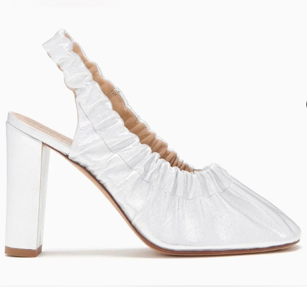 New in Box Ulla Johnson Lucia Leather Ruched High Heel in Silver 37 US 7 $670