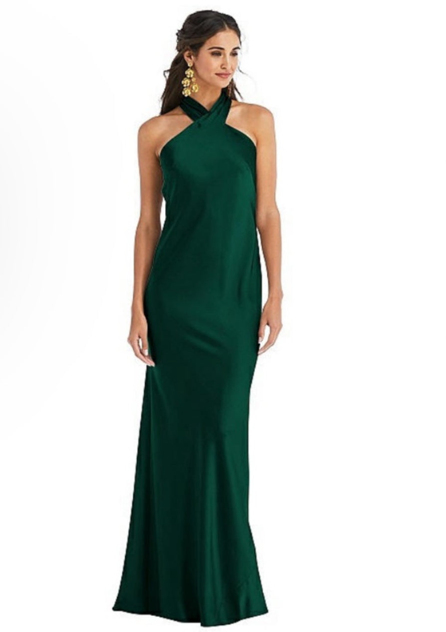 Lovely LB025 twist halter lux charmeuse maxi Dress Evergreen Sz XL $235