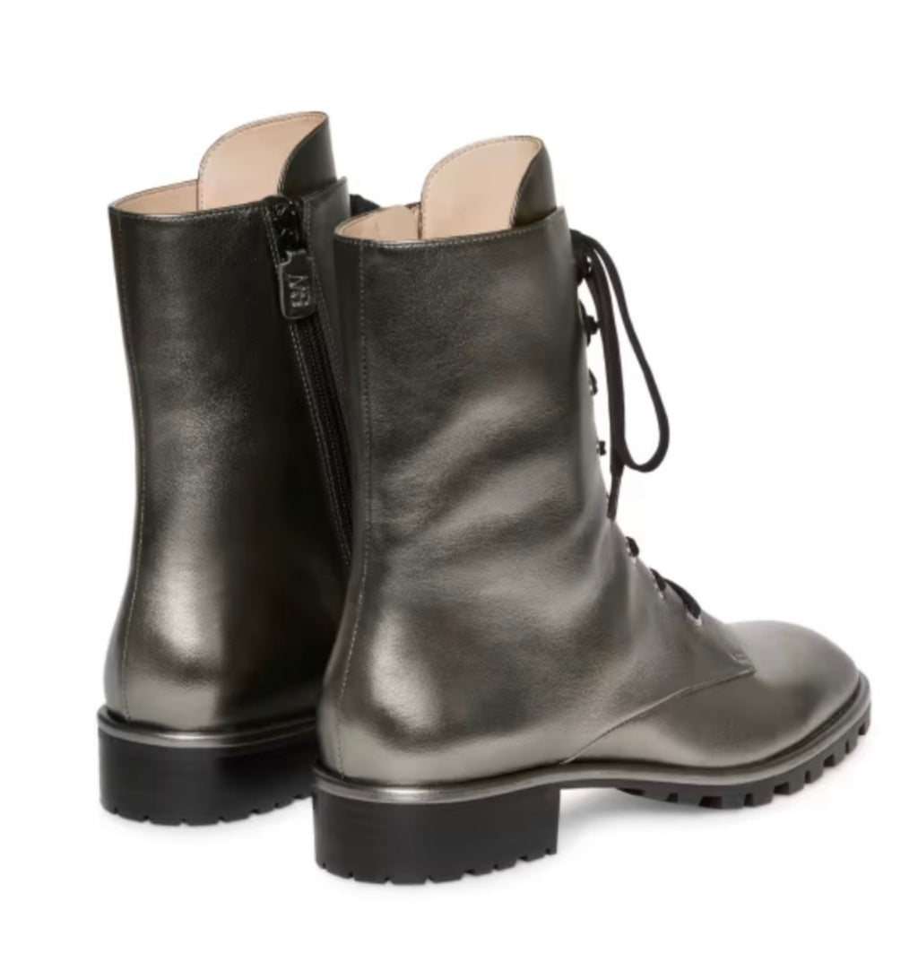 Stuart Weitzman Laine Silver/gray /black Metallic Gunmetal Leather Combat Boots Sz 6.5 $675