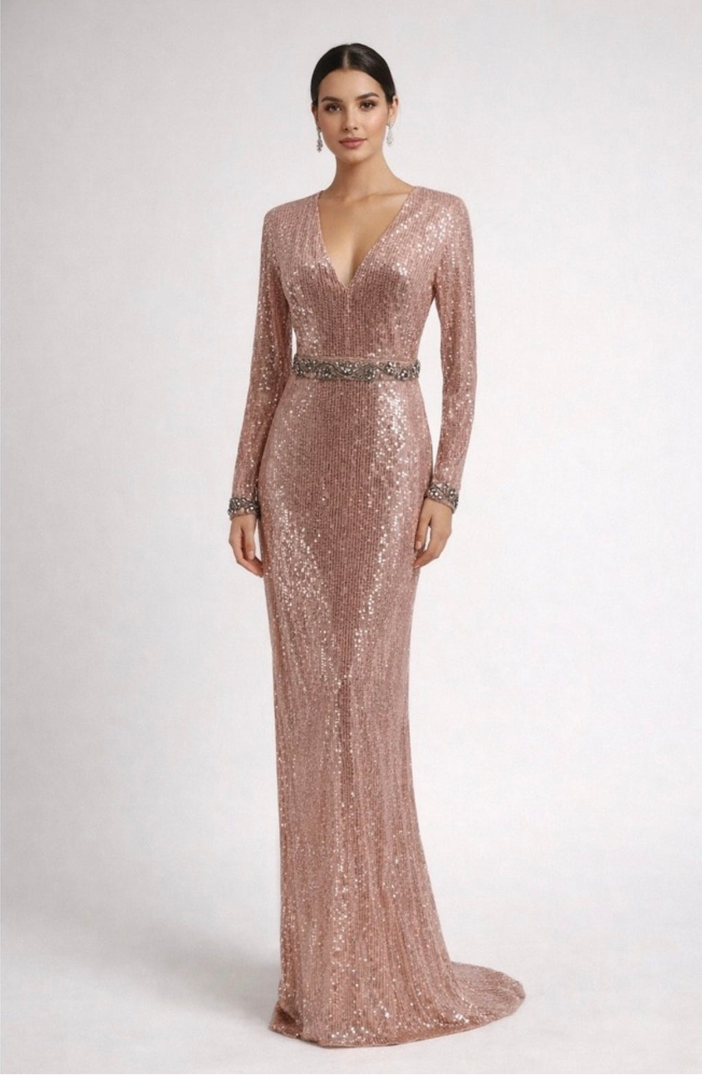 Mac Duggal Rose Gold Embellished Sequin Long Sleeve Gown Sz 2