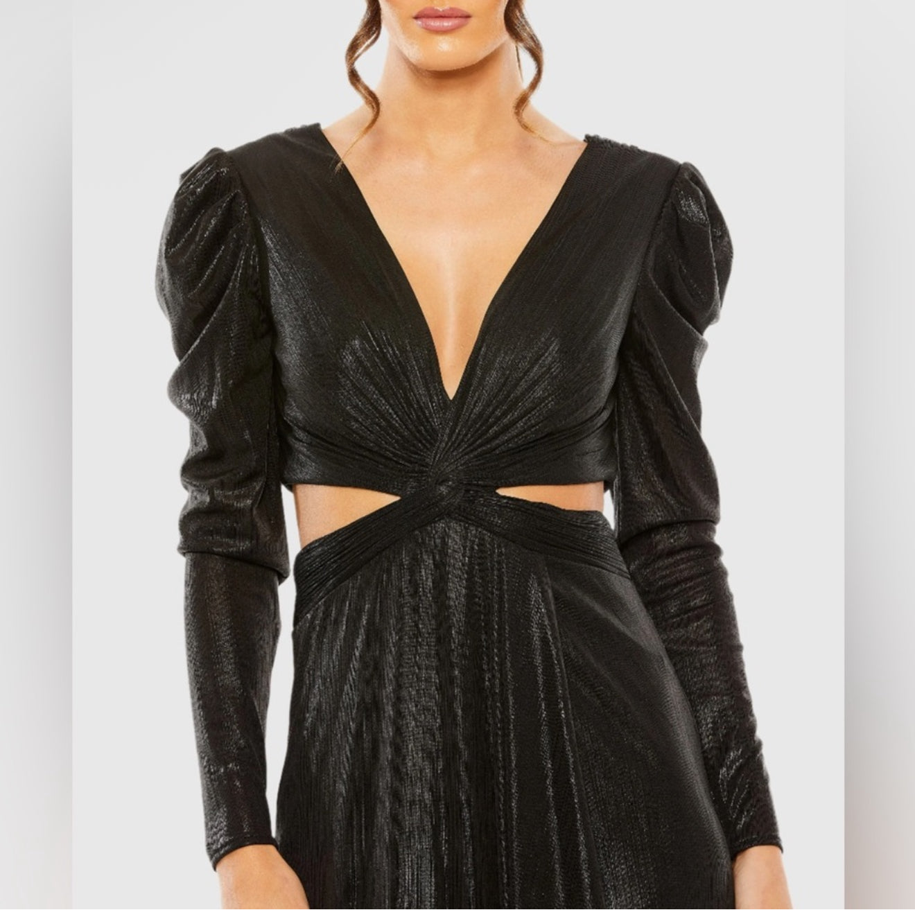 IEENA FOR MAC DUGGAL
Black Princess Sleeve Cut Out Metallic Gown 27060 $498