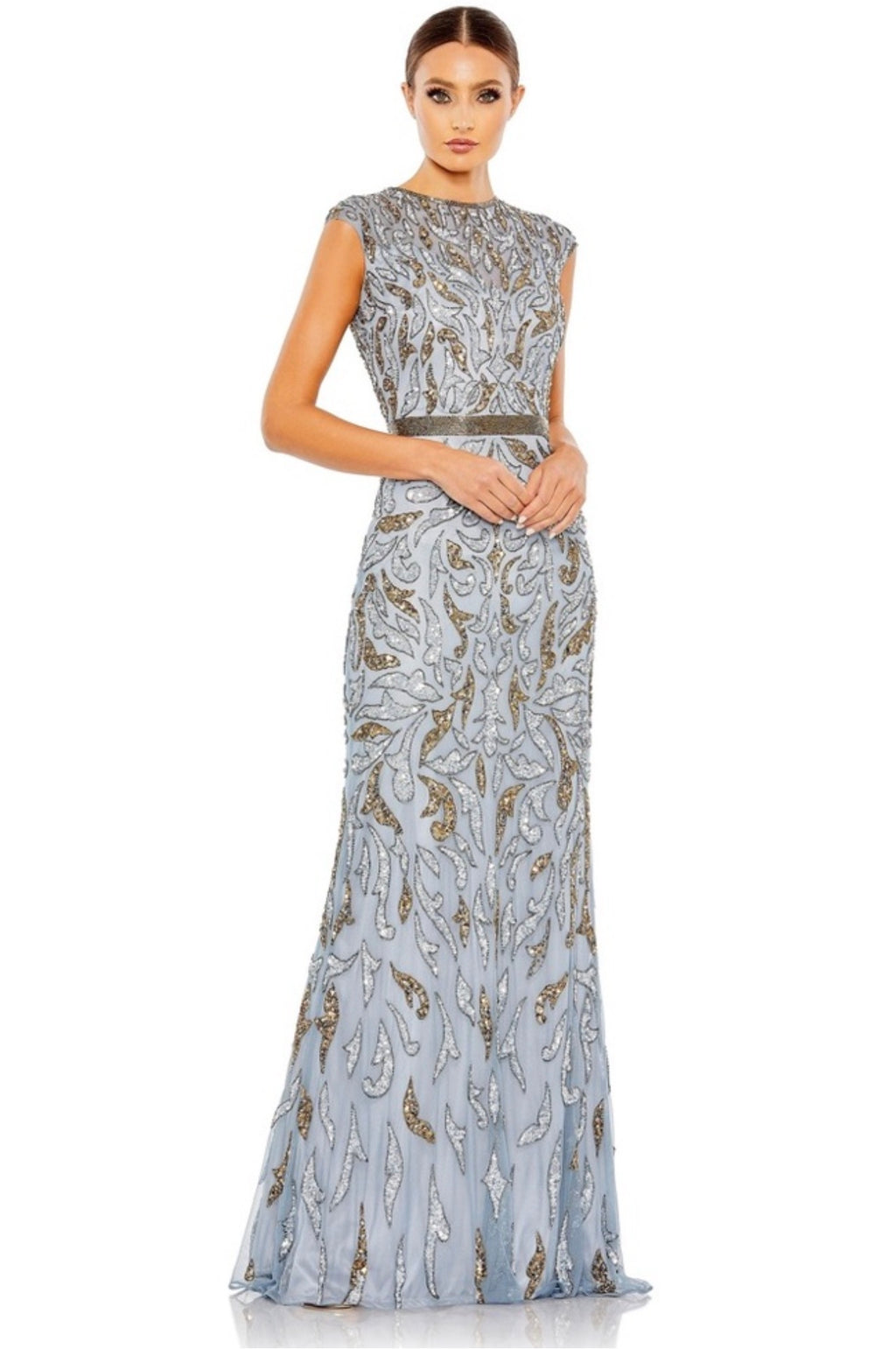Mac Duggal Embellished Illusion Cap Sleeve Column Gown Platinum
Gold 5532 Sz 8 $698