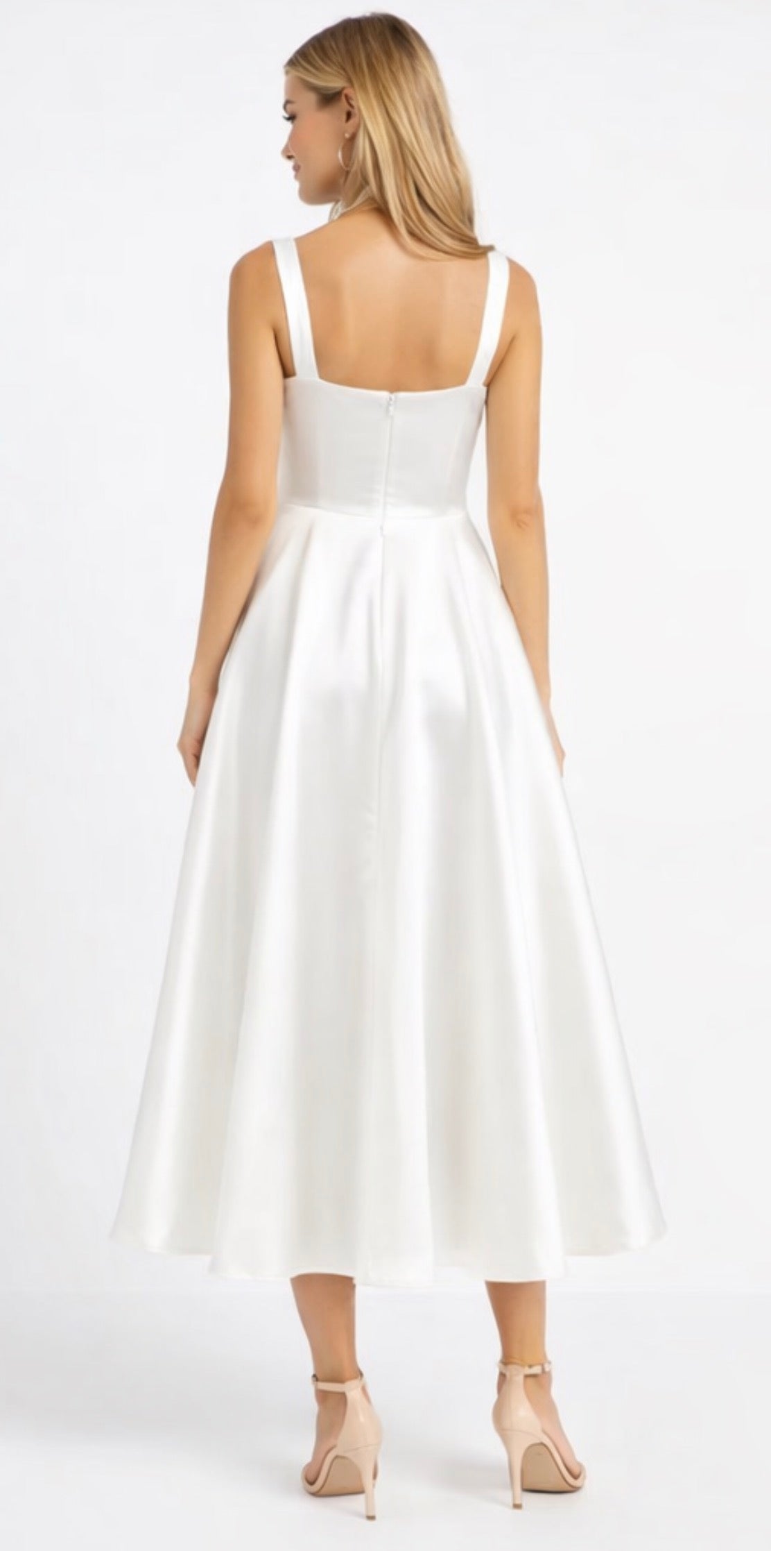 Ieena for Mac Duggal 11885 White Satin Tea Length A-Line Dress Size 2 $398