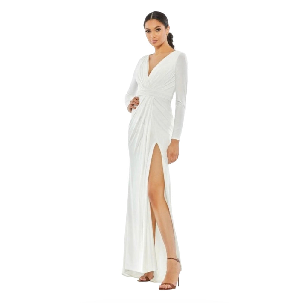 Ieena Mac Duggal 26554 Long Sleeves V-neck Long Side Split Gown  White sz 0