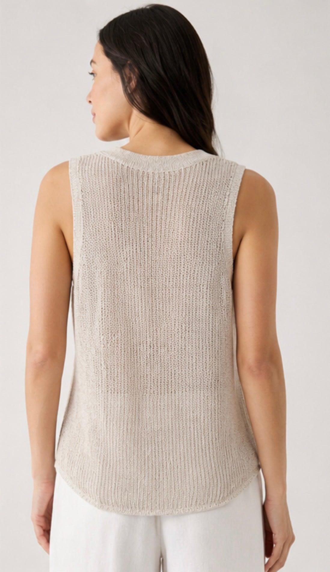 Eileen Fisher Organic Linen Cotton Open Knit Sleeveless Sweater Tank Flax Beige Large