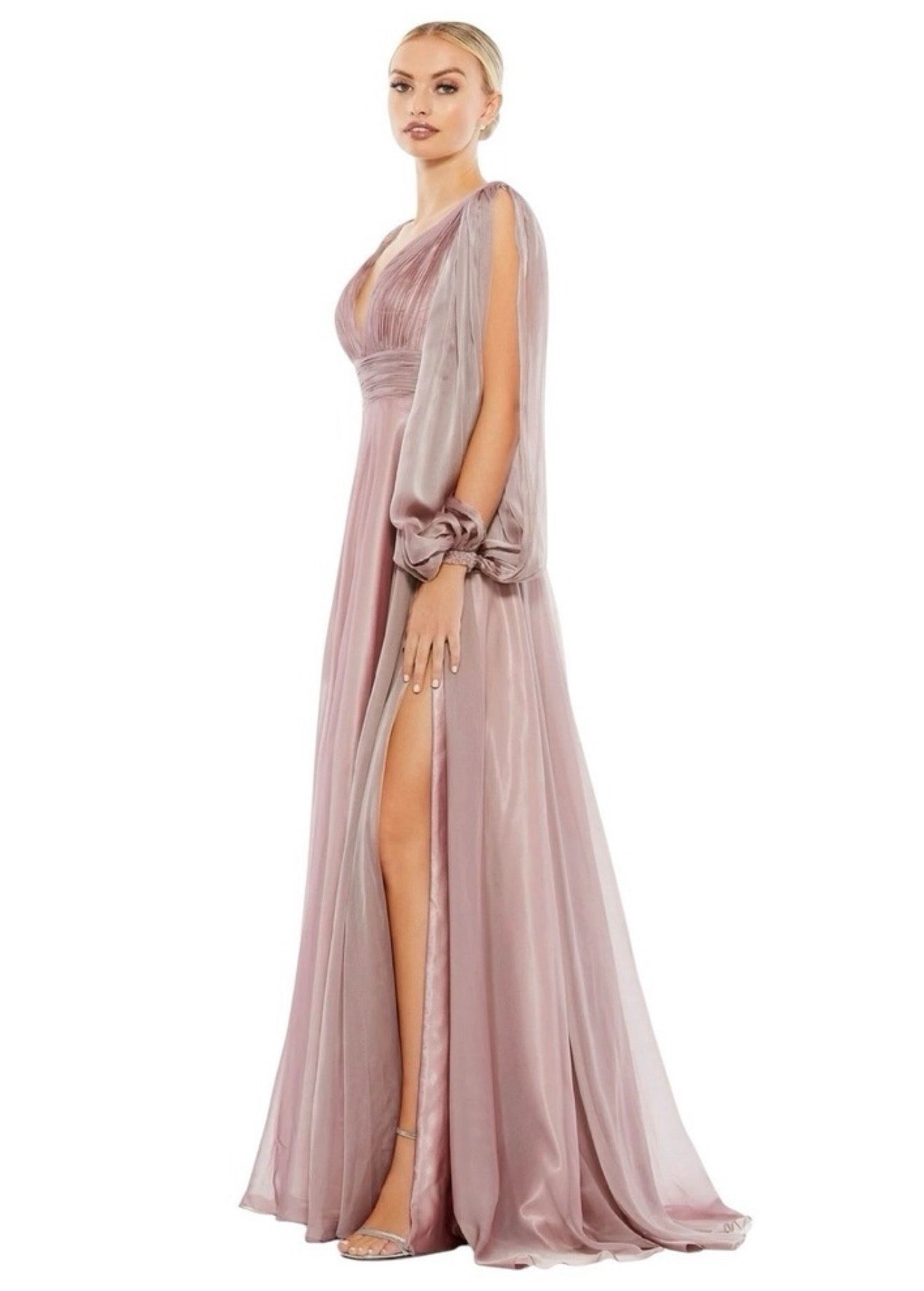 Mac Duggal Chiffon Open Sleeve A-Line Gown Mocha Pink Beaded Cuff $598