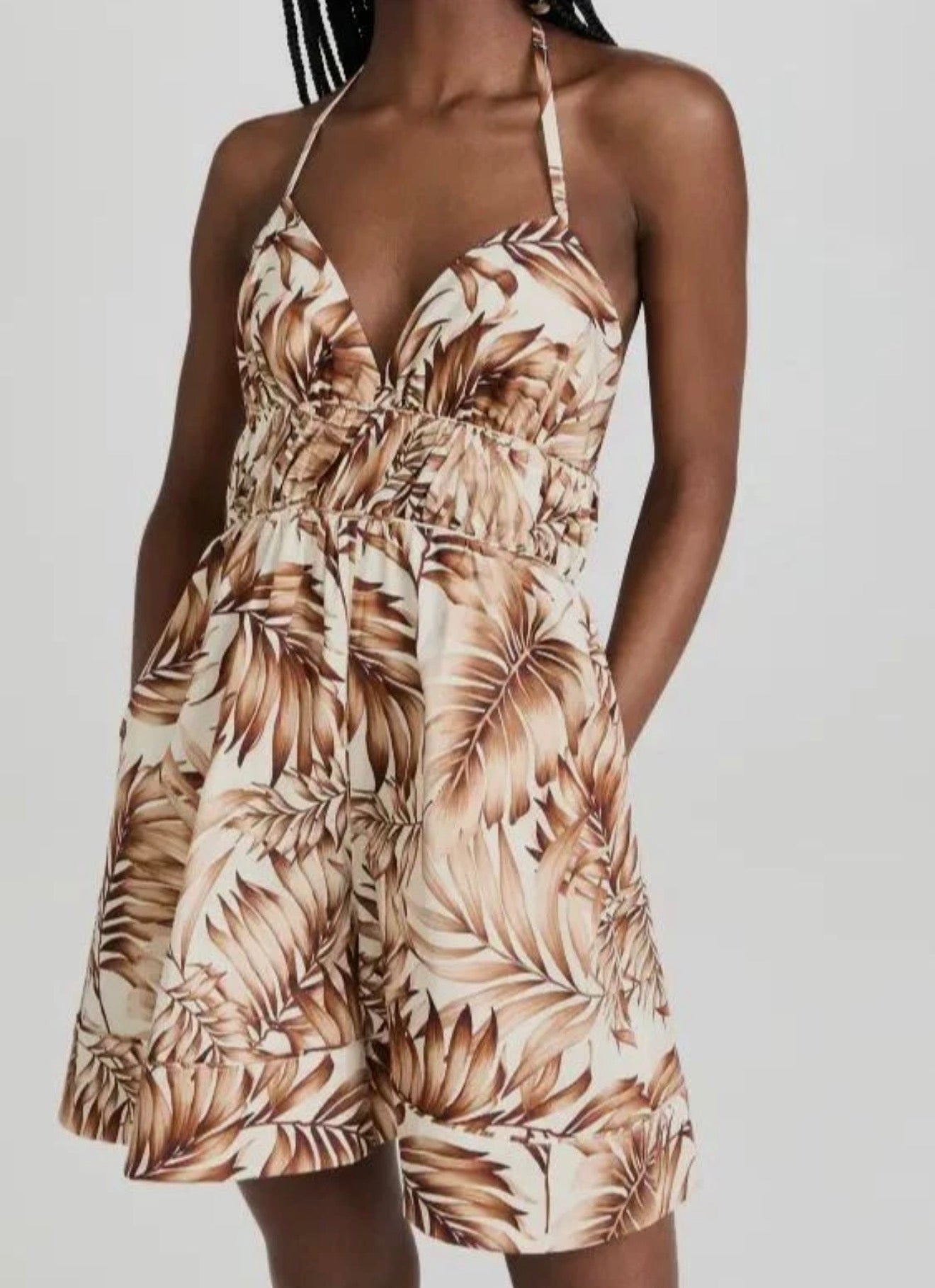 Autumn Adeigbo Karina Palm Print Halter Romper Size 2 Beige Tropical $495
