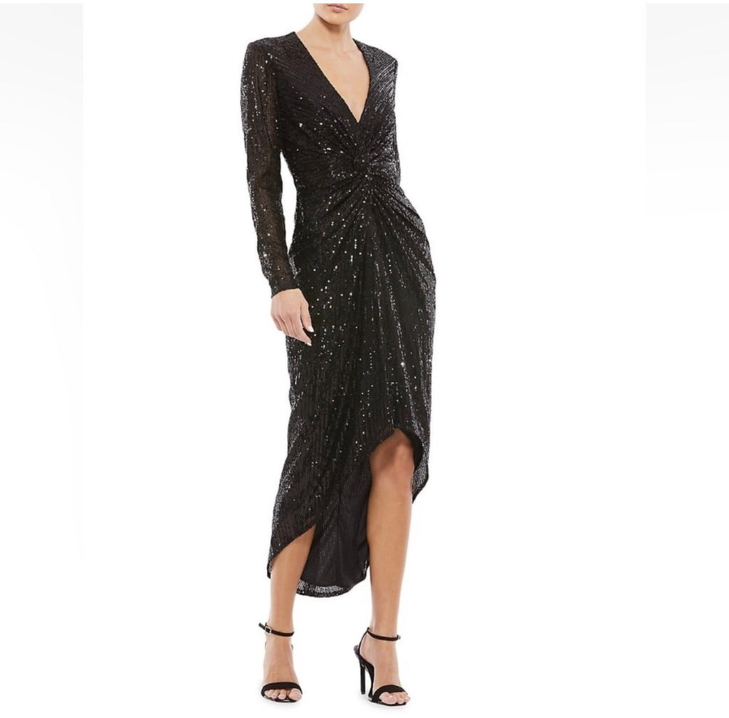 Mac Duggal 26549 Sequined High Low Front Twist Midi Dress Black $358