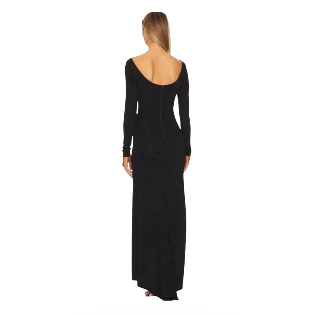 Alice + Olivia Black Kalena Plunge Crystal Jersey Cut Out Maxi Dress Sz 8