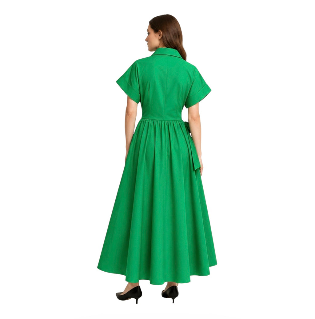 Flying Tomato Emerald Green Cotton Button Front Maxi Shirt Dress Tie Waist Bow Size Small