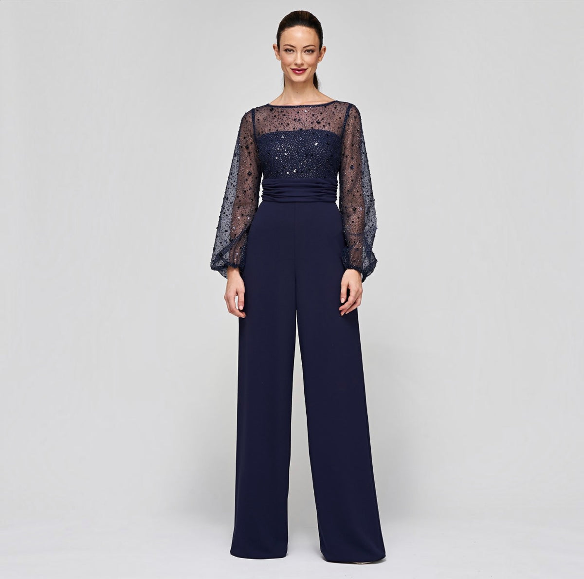 JS COLLECTIONS Raelynn Beaded Wide-Leg Jumpsuit Navy Size 16