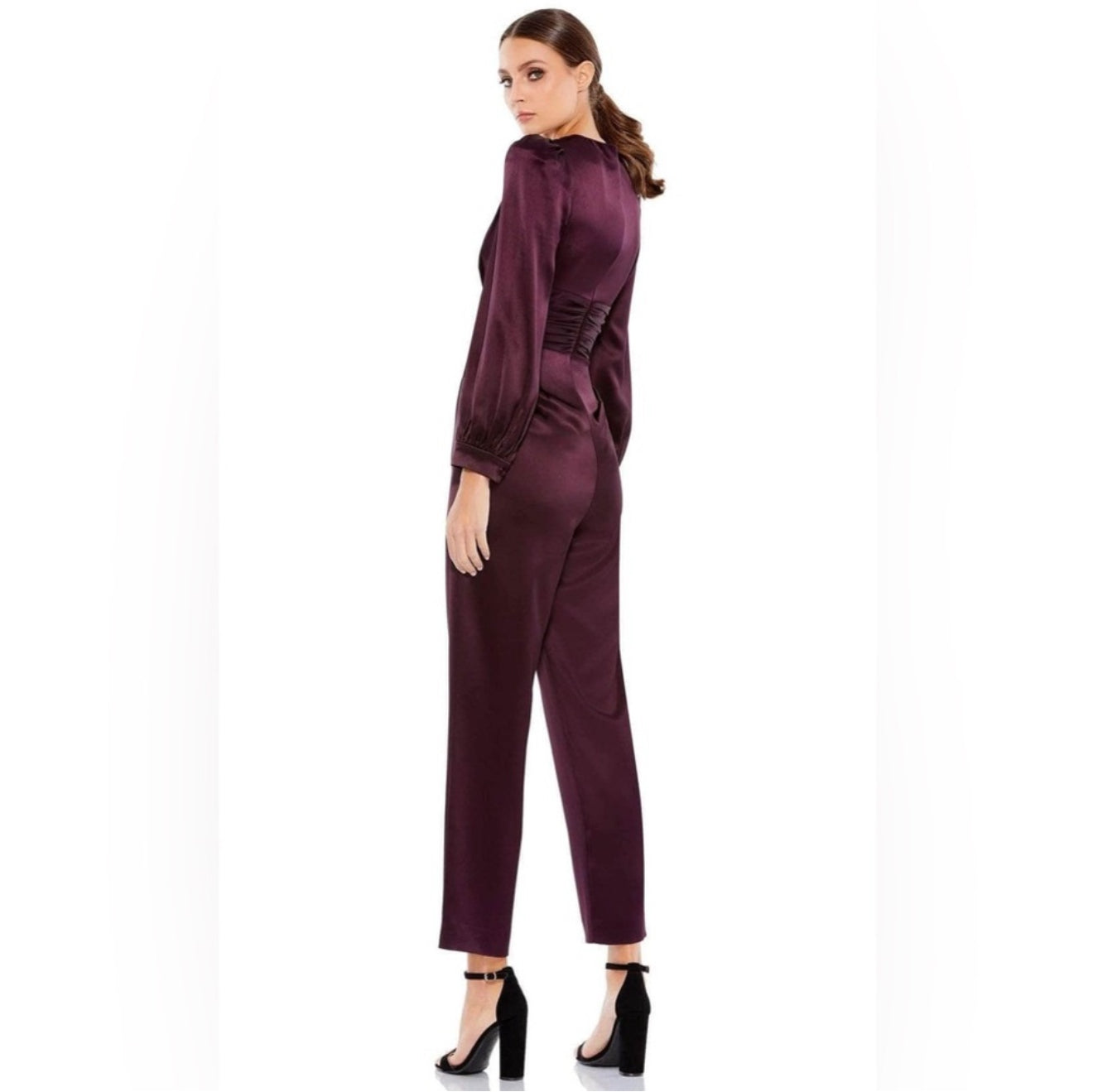 Mac Duggal Front Twist Puff Sleeve Deep V Jumpsuit Plum Sz 2 $298