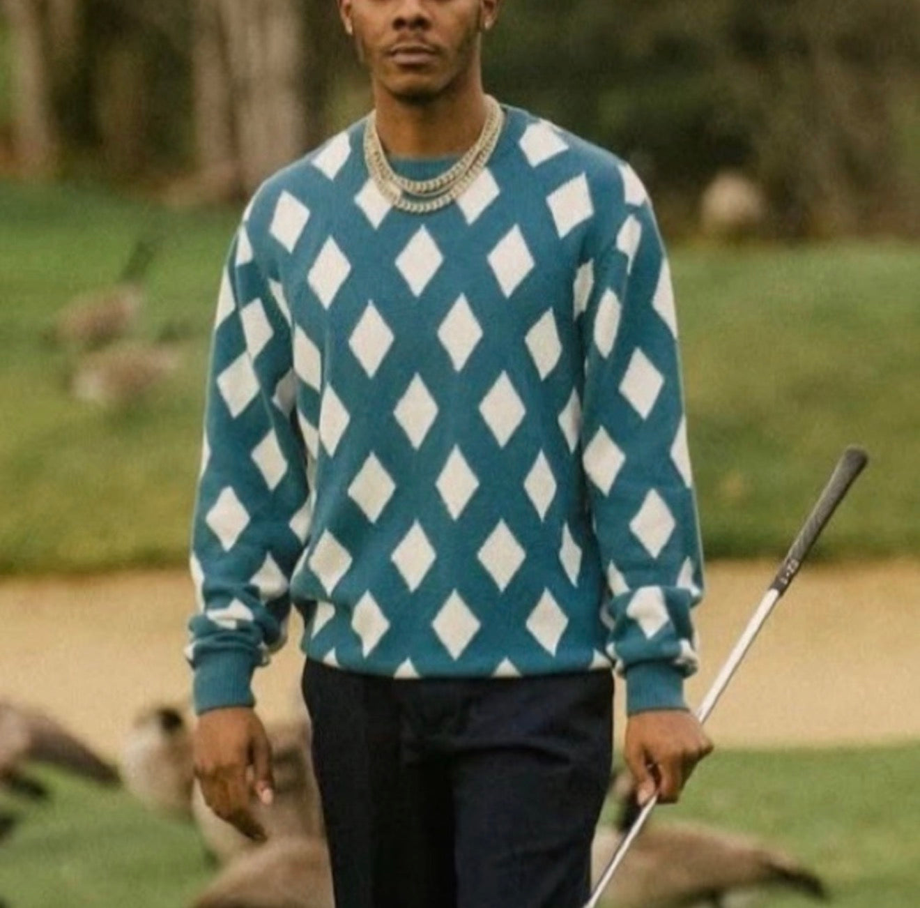 Bogey Boys Rhombus Sweater Golf Crewneck 100% Cotton Teal Blue Sz Large $120