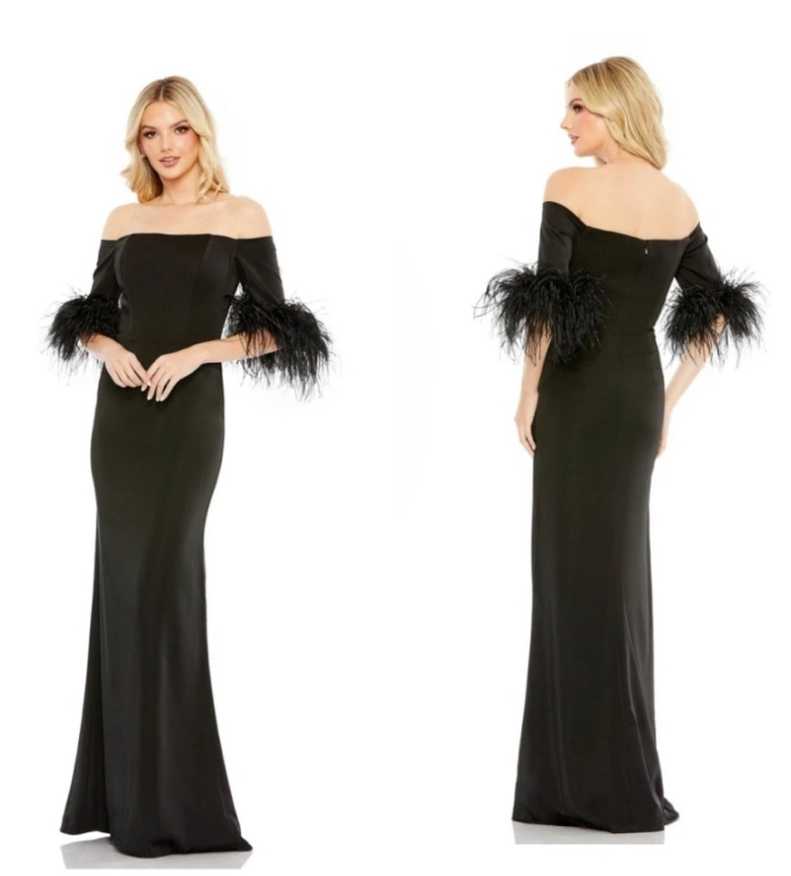 Mac Duggal Dress 11441 feather trim off the shoulder column gown black Sz 6 $498