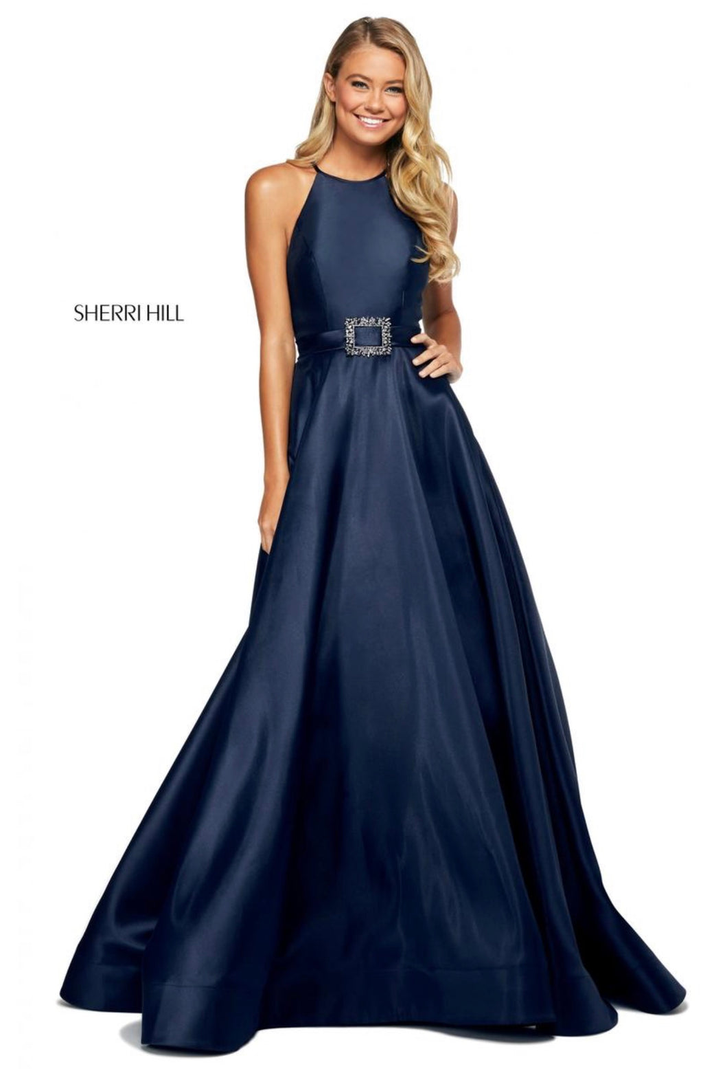 Sherri Hill 53659 Mikado A-Line Halter Gown – Size 4 – Navy $398