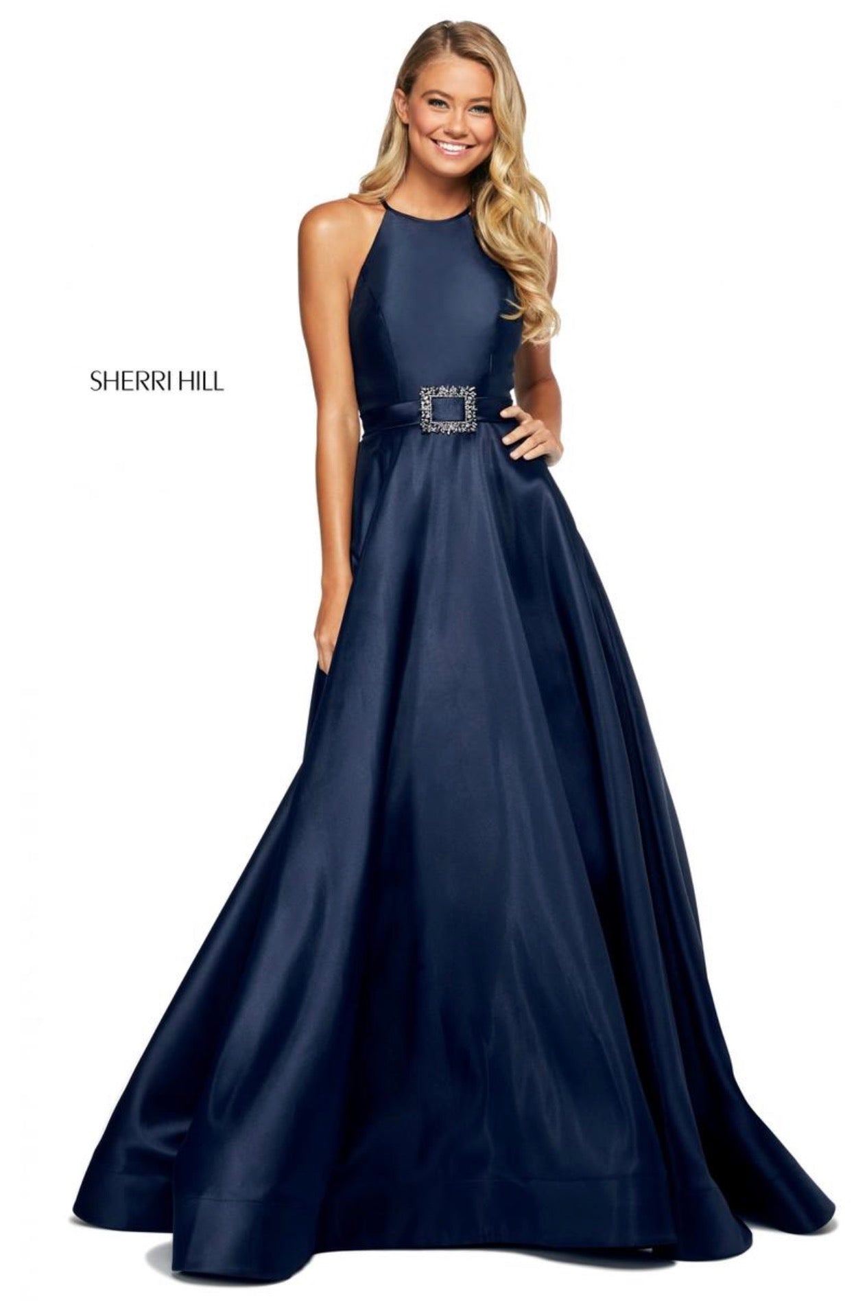 Sherri Hill 53659 Mikado A-Line Halter Gown – Size 4 – Navy $398