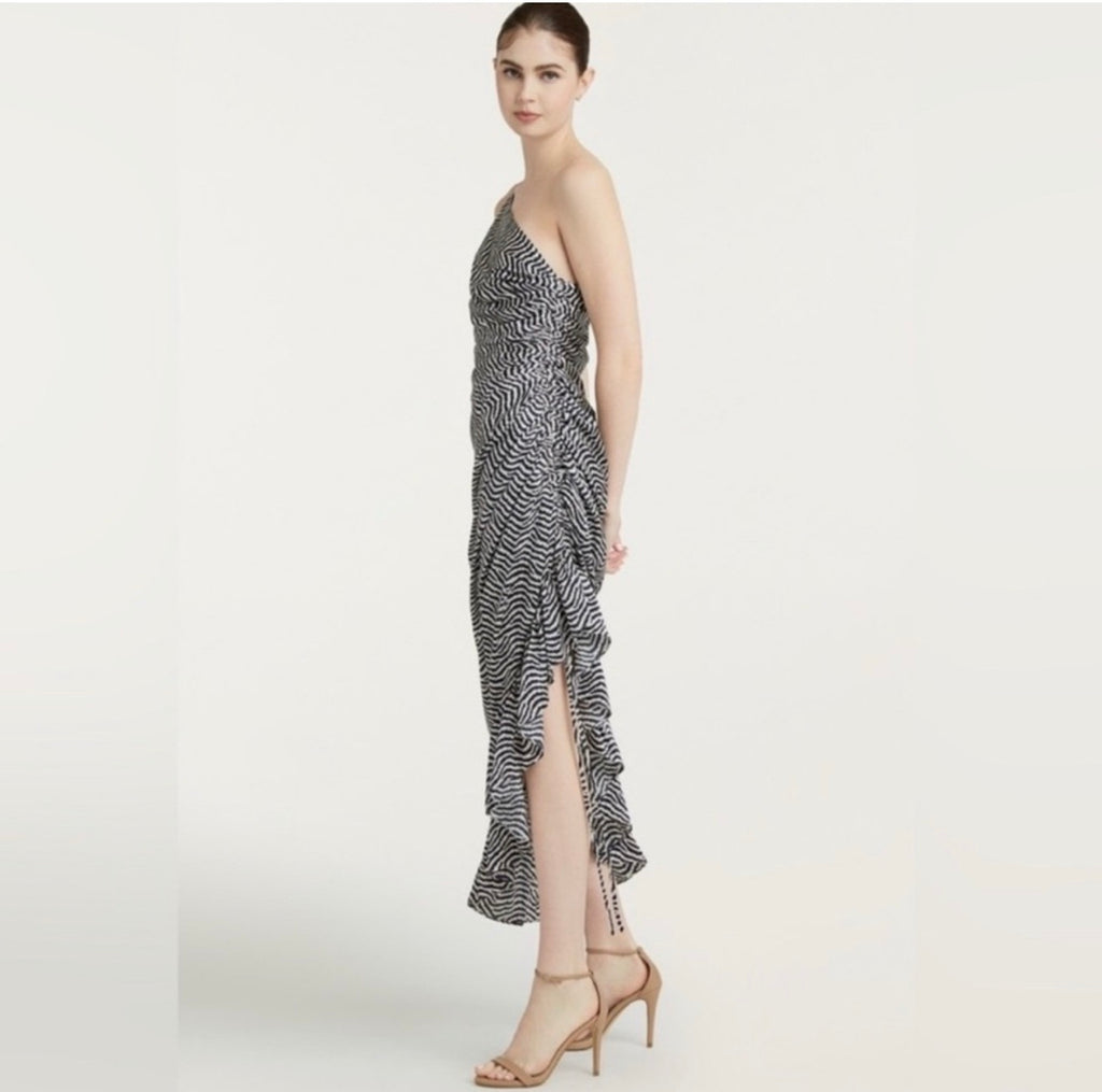 Cinq a Sept Christel One Shoulder Asymmetric Silk Midi Dress Sz 00