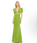 NWT Mac Duggal Plunge Neck Puff Sleeve Cut Out Gown Apple Green  $498