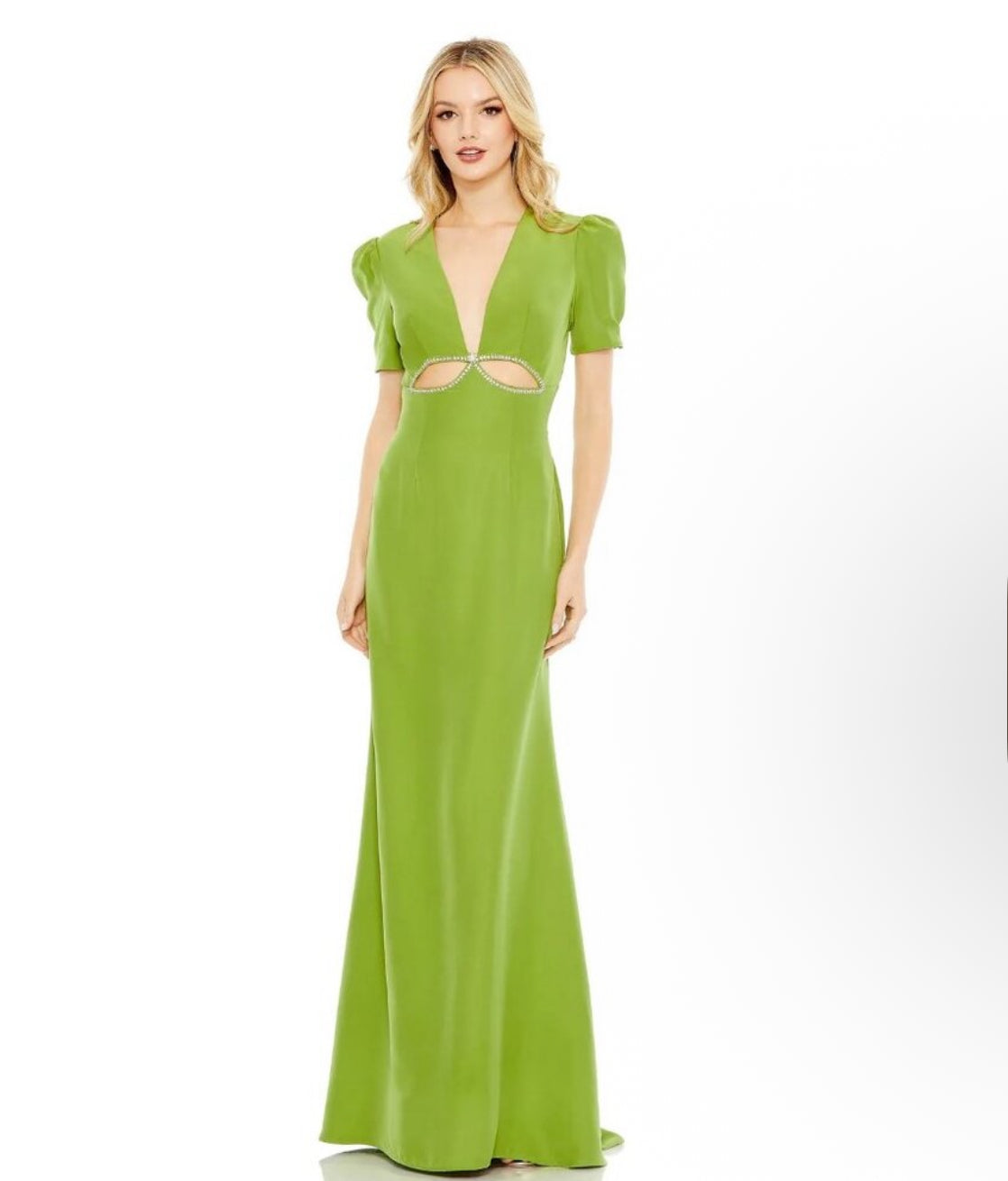 NWT Mac Duggal Plunge Neck Puff Sleeve Cut Out Gown Apple Green  $498